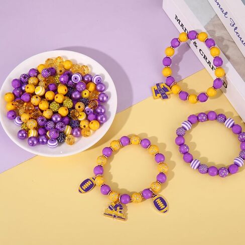 Game Day Beads for Bracelets Making Kit Heishi Clay Pearl Letter Assorted Round Bead Gold Spacer Beads Football Charms for DIY Bracelets Necklace Jewelry Making (Purple Yellow Game Day Kit) in Kuwait