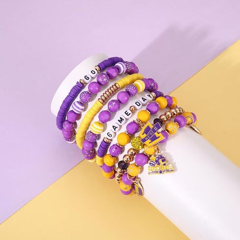 Game Day Beads for Bracelets Making Kit Heishi Clay Pearl Letter Assorted Round Bead Gold Spacer Beads Football Charms for DIY Bracelets Necklace Jewelry Making (Purple Yellow Game Day Kit) in Kuwait