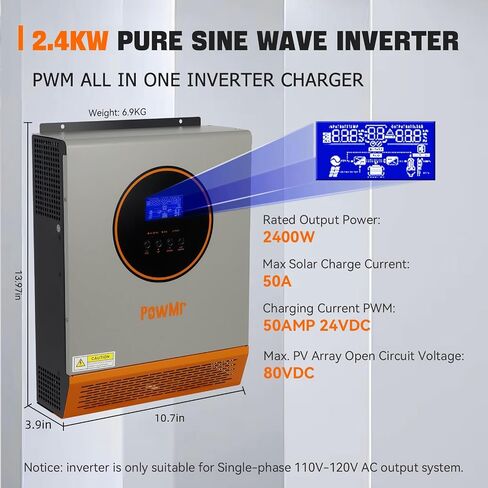 PowMr 2400W Solar Inverter, 24VDC to 110V/120VAC, Pure Sine Wave Inverter with 50A PWM Charge Controller, Hybrid Inverter for Homes, RV, for 24V Lead-Acid, Sealed Gel/AGM Battery, Off-Grid Systems in Saudi Arabia