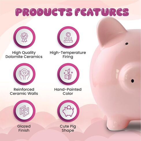 SOBEIT 11inch Piggy Bank for Adult, Large Ceramic Piggy Bank, Cute Money Bank Coin Bank for Adult, Girls, Boys, Kids (Pink/11.02"L x 7.48"W x 8.66" H) in Kuwait