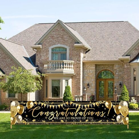 Avezano Graduation Decoration Banner Black and Gold Graduation 2025 Banner Sign Gold Glitter Congrats Grad Yard Banner Graduation Party Supplies 98.4 x 19.6 Inch (Black) in Saudi Arabia