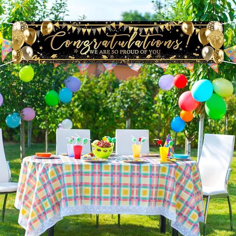 Avezano Graduation Decoration Banner Black and Gold Graduation 2025 Banner Sign Gold Glitter Congrats Grad Yard Banner Graduation Party Supplies 98.4 x 19.6 Inch (Black) in Saudi Arabia