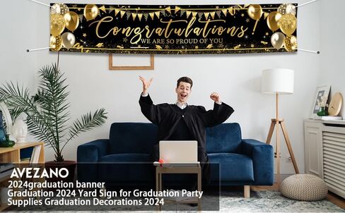 Avezano Graduation Decoration Banner Black and Gold Graduation 2025 Banner Sign Gold Glitter Congrats Grad Yard Banner Graduation Party Supplies 98.4 x 19.6 Inch (Black) in Saudi Arabia