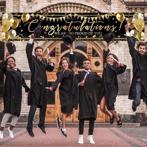 Avezano Graduation Decoration Banner Black and Gold Graduation 2025 Banner Sign Gold Glitter Congrats Grad Yard Banner Graduation Party Supplies 98.4 x 19.6 Inch (Black) in Saudi Arabia