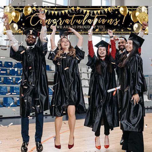 Avezano Graduation Decoration Banner Black and Gold Graduation 2025 Banner Sign Gold Glitter Congrats Grad Yard Banner Graduation Party Supplies 98.4 x 19.6 Inch (Black) in Saudi Arabia