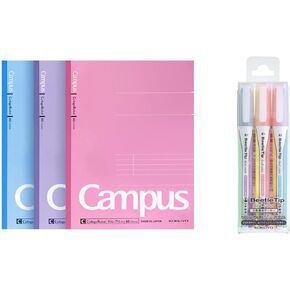 KOKUYO Composition Notebooks, 3 Pack Campus 9-3/4" x 7-1/2" Comp Book with College Ruled, 80 Sheets & Beetle Tip 2-Tone Highlighter Pen, Soft 3 Color Set