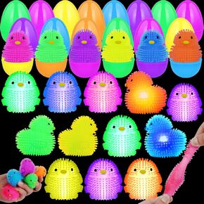 Easter Gifts for Kids，12 Glow-in-The-Dark Chick & Duck Toys Inside Colorful Plastic Easter Eggs,Light Up Squeeze Toys for Easter Egg Hunt, Easter Basket Stuffers & Party Favors for Ages 3-10