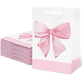 FYSUIMU 16 Pcs Pink Bow Paper Gift Bag Watercolor Coquette Bowknot Party Favor Bags with Handle Goodie Candy Treat Bags for Birthday Baby Shower Bachelorette