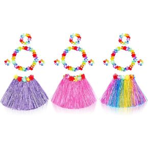 Fortuning's JDS 3 Sets Girl's Elastic Hawaiian Hula Dance Grass Skirt with Flower Costume Set for Luau Tropical Beach Party