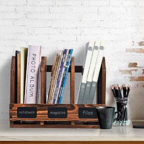 Rustic Torched Brown Wooden Desktop Document Organizer Office Chalkboard Filder Folder Binder Sorter Storage Rack عدة مقصورات منظمة Caddy مكتب الرف