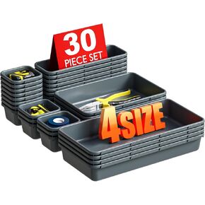 30PCS Tool Box Tresherizer Treshy ، 4 أحجام متشابكة منظمي الدرج ، صناديق منظم البلاستيك الأسود للوازم المكتبي والأدوات ، درج مكتب للحمام والمطبخ