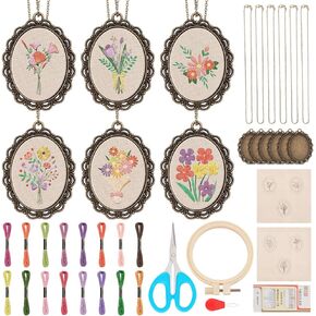 ACRNIGHEET 6 PCS Floral Embroidery Necklace Kit Mini Cross Stitch Kits DIY Pendant Kit for Beginner Hand Sewing Jewelry Gifts Mini Embroidery Kit with Hoop, Necklace, Pendant, Stamped Pattern Cloth