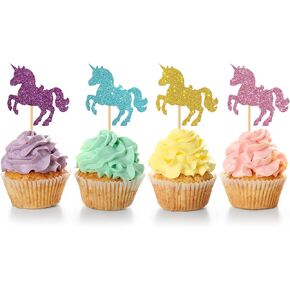 Monmon & Craft 24 PCS Unicorn Cupcake Toppers / Baby Shower & Children's Birthday / Silver & Gold Glitter
