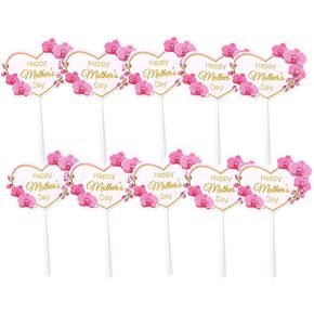 10pcs وردي سعيد الأم الأم يوم الكعكة القبعات العليا كب كيك تختار قلب زهرة توبيبر لوازم الخبز للذكرى للاحتفال بالذكرى (على شكل قلب)