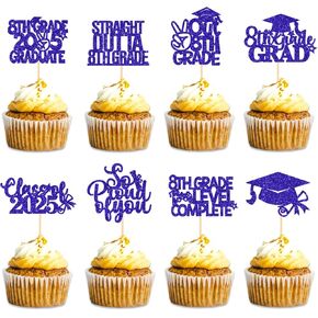 32 Pieces 8th Grade Grad Cupcake Toppers Blue Glittery Eighth Grade Graduation Cupcake Decorations Class of 2025 Peace out 8th Grade Cupcake Picks for Middle School Grad Party Cupcake Decorations