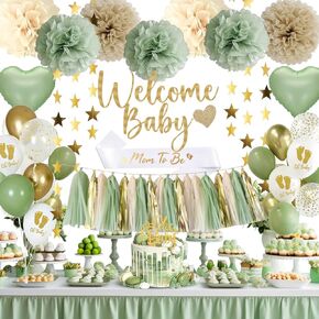 Sage Green Green Dust Decorations Kit - جنسنا محايد يكشف عن لوازم الحفلات ترحيب لافتة الطفل ، الكعكة العلوية ، البالونات ، بوم بومس زهور الشرابات ، ستار ديكور لطفلة طفلة دش الطفل