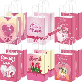 Kolldenn 48 PCS Regalos Para Mama en Español ، Feliz Cumpleanos ، Mama Gifts for Mom in Fanish Happy Mother Paper Bags Vals Pink Mother Gift Party Bass with Handle