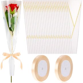Teling 150 Pcs White Single Flower Sleeves Wrapping Bags Single Rose Florist Bouquet Packaging Bags Flower Bouquet Wrapping Bulk Mother's Day with 2 Ribbon for Wedding Birthday Gifts Supplies
