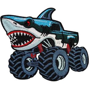 Shark Attack Monster Truck Patch - 3 بوصات ، حديد شاحنة وحش ملون بارد على التصحيح - بقع سيارة مطرزة على الظهر الأولاد