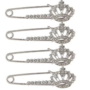 4Pcs Crystal Crown Brooch Pins Sweater Shawl Clips Decorative Collar Safety Pins Skirts Pants Waist Adjust Clips Clothing Decoration Accessories for Women Girls, Silver