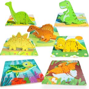 Wooden Puzzles for Toddlers 1-3, 7 Pack 34 Pieces 3D Dinosaur Jigsaw Puzzles for Kids 3-5, Preschool Learning Activities, Montessori Toys Gift for Boys Girls