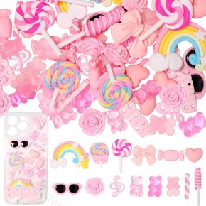 60 Pcs Junk Case Charms Kit, Junk Phone Case Charm, Large Big Charm Rainbow Lollipops Bear Candy Flower Cartoon Glasses Flatback Resin Charms for DIY Crafts,Scrapbooking Ornament Scrapbooking