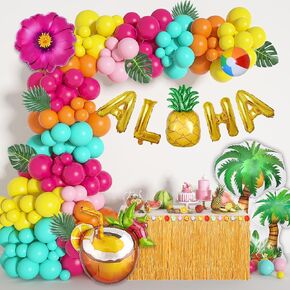 Ouddy Life 188pcs استوائية البالونات aloha القوس جارلاند ، زخارف الحفلات الاستوائية لوا مع ألوها أناناس جوز الهند الساخن الوردي المائي أوراق النخيل الزرقاء للاختراحات الصيفية في هاواي.