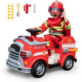 TOBBI Kids Ride on Fire Truck, Interactive Mode, Battery Powered Toddler Car with Shovel, Ladder, Fire Extinguisher, Flashing Lights, Red