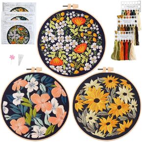 Myfelicity Floral Embroidery Kit, 3-Pack Decorative Hoop Art Set with Sunflower, Poppy, and Mixed Flower Patterns, Black Background