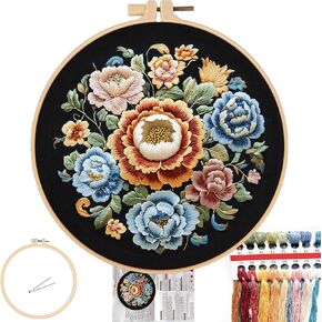 FONNUY Floral Embroidery Kit, Cross Stitch Kits for Beginners, Handmade Crafts with Printed Patterns for Beginner Adults, Easy to Follow Color Thread Needlework, 8'' Hoop (Wildfire of Blossoms)