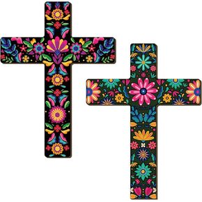 Pinkunn 2 Pcs Floral Cross Wall Decor Large Mexican Cross Decor 15.75 x 21.26 Inch Spanish Style Wall Crosses for Home Decor Mexican Art Wall Decor Day of The Dead Cross for Home Room Church Decor