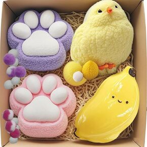 4pcs Taba Squishy Toys Set - 1 ميجا كتكوت ، 1 موز و 2 Cat Paw Leaff Equishies للأطفال والبالغين ، ألعاب تململ حسية بطيئة للاصطناع ، ومكافآت الحفلات ، ومكافآت الفصول الدراسية