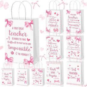 Dansydaisy 24 PCS تقدير المعلم أكياس الهدايا حقائب هدايا القوس الوردي مع مقبض الورق Goodie علاج الحلوى لتخرج المدرسة نهاية العام لوازم الحفلات