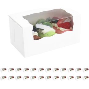 25 White Bakery Boxes with Window, 8x6x2.5 Inches Cake Boxes with Window, Treat Boxes for Small Bakery, Dessert, Candy, Cookies, Pastry, Party Favors, Wedding Cake