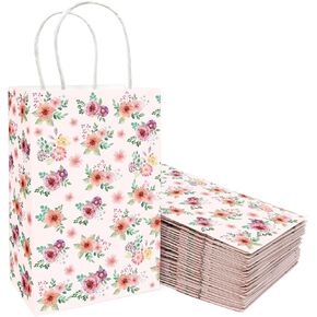 Floral Gift Bags with Handles Spring Paper Party Favor Bag for Wedding Birthday Bridal Baby Shower 24 Pack