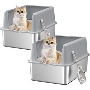 2PACK Stainless Steel Cat Litter Box with Lid,XL,19.7" L x 13.8" W x 11.8"H Deep,Large Metal Litter Box with High Side,for Small and Large Cats,Anti-Leakage Non-Sticky Include Litter Scoop