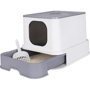 RIZZARI Enclosed Cat Litter Box with Lid, Large Foldable Litter Box with Litter Scoop, Top Entry Cat Toilet for Kittens and Big Cats (White,Plastic, Large)