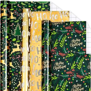 Flyhill Birthday Wrapping Paper Roll-3 Roll-42.5 sqft.ttl(17inch x 120 inch) Per Roll-Stripe,Polka Dot,GeometryDesign with White & Gold Metallic Foil for Wedding,Bridal Shower,Party