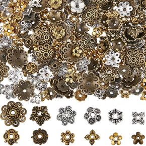 Sunnyclue 1 Box 360pcs 12 Styles Bead Cap Hesters Flower Spacer Beads Bulk Tibetan Alloy Floral End Cap Silver Gold Bronze Vintage Fin