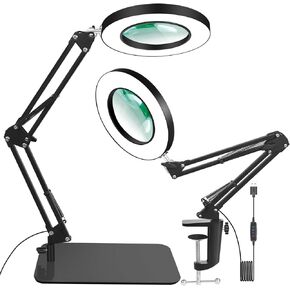HZQDLN 12X Magnifying Glass with Light and Stand, 2-in-1 Magnifier with Light Hands Free, 5 Color Modes LED Lighted, Magnifying Lamp for Reading Craft Hobby Painting Sewing Close Work