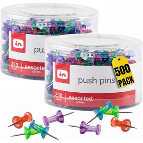 1 inTheOffice Push Pins ، ألوان متنوعة ، 500 قطعة ، 2 عبوة