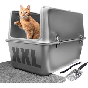 XXL مربع فضلات من الفولاذ المقاوم للصدأ مع غطاء 30 لتر سعة 16 "بوصة عالية الجوانب ، ومضاد للتسرب مضاد للدواسة غير عصا سهلة نظيفة البقع الإزالة قابلة للقطعة كبيرة ويشمل القطط المتعددة scoop & حصيرة