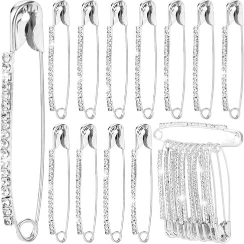 12pcs دبابيس أمان الفضة حجر الراين ، مقاطع شال سترة ، سحر بروش كريستال ، إكسسوارات زخرفية للنساء الوشاح القبعة صدر السترة in Kuwait