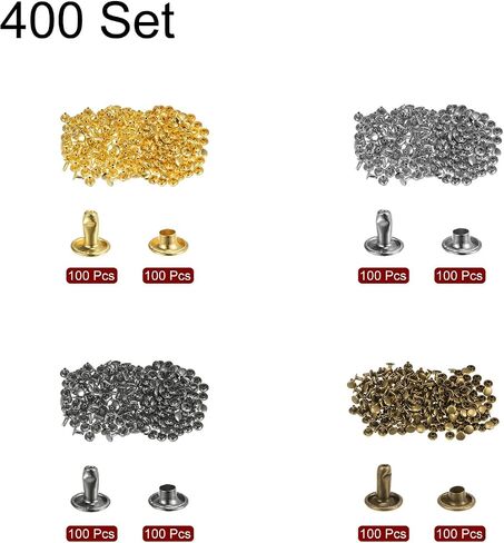 HARFINGTON 400 Sets Leather Rivets 6 x 6mm Metal Double Cap Rivet Snaps Studs Fasteners with 3pcs Setting Tools Rivets for Leather Craft DIY Repair Decoration, 4 Colors in Saudi Arabia
