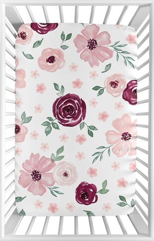 Sweet Jojo Designs Burgundy Watercolor Floral Girl Fitted Crib Sheet Baby or Toddler Bed Nursery - Blush Pink, Maroon, Wine, Rose, Green and White Shabby Chic Flower Farmhouse in Saudi Arabia