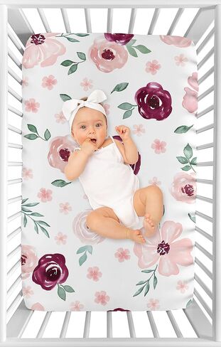 Sweet Jojo Designs Burgundy Watercolor Floral Girl Fitted Crib Sheet Baby or Toddler Bed Nursery - Blush Pink, Maroon, Wine, Rose, Green and White Shabby Chic Flower Farmhouse in Saudi Arabia