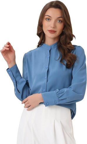 Allegra K Women's Mandarin Collar Office Top Long Sleeve Button Down Shirt in Saudi Arabia
