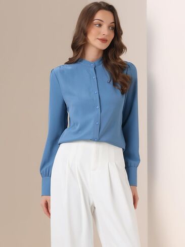 Allegra K Women's Mandarin Collar Office Top Long Sleeve Button Down Shirt in Saudi Arabia