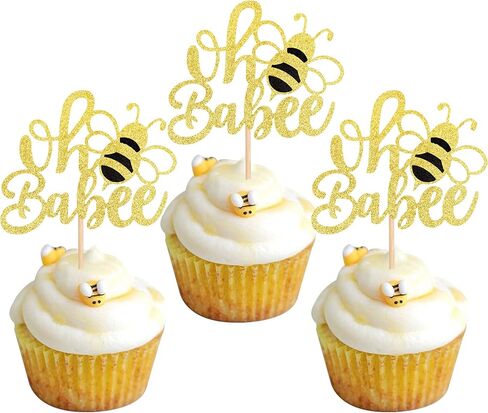 Rsstarxi 24 Pack Bumble Bee Oh Babee Cupcake Toppers Gold Glitter Bee Oh Baby Cupcake Picks for Baby Shower Gender Reveal Kids Boys Girls Birthday Party Cake Decorations Supplies in Kuwait