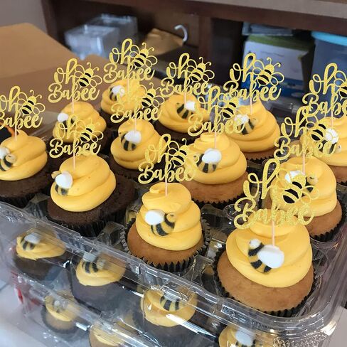 Rsstarxi 24 Pack Bumble Bee Oh Babee Cupcake Toppers Gold Glitter Bee Oh Baby Cupcake Picks for Baby Shower Gender Reveal Kids Boys Girls Birthday Party Cake Decorations Supplies in Kuwait